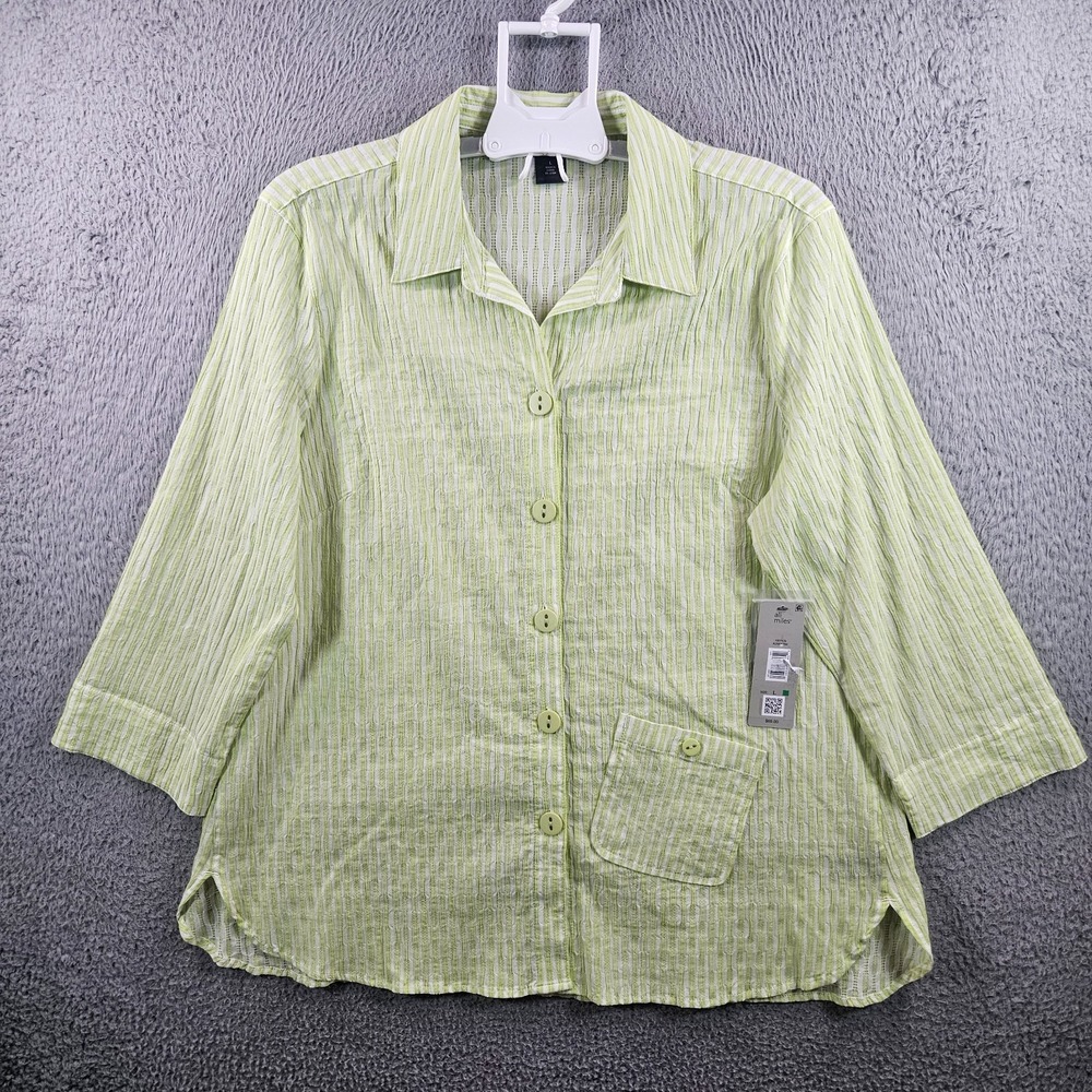 NEW Ali Miles Shirt Top Women Large Button Up Pocket White‎ Green Striped